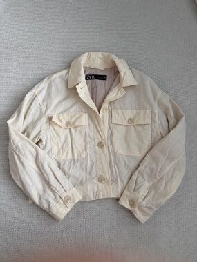 Zara Linen Cropped Jacket Ivory Size Small